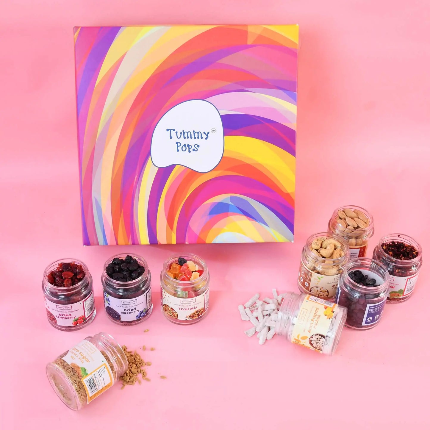 Loads Of Happiness Diwali Kit - Large glass jar pack of 9 with berries, dry fruits & nuts, mouth fresheners!