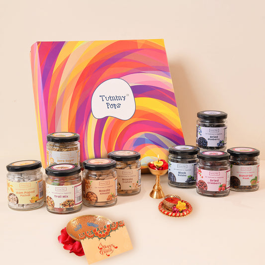 Loads Of Happiness Diwali Kit - Large glass jar pack of 9 with berries, dry fruits & nuts, mouth fresheners!