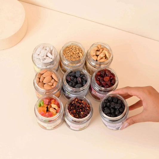Happiness  Kit - 9 premium glass jars of berries, dry fruits & nuts, Mouth Fresheners!