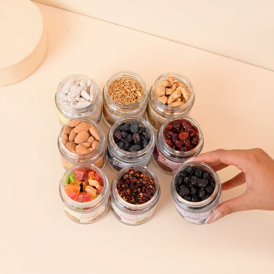 Happiness  Kit - 9 premium glass jars of berries, dry fruits & nuts, Mouth Fresheners!